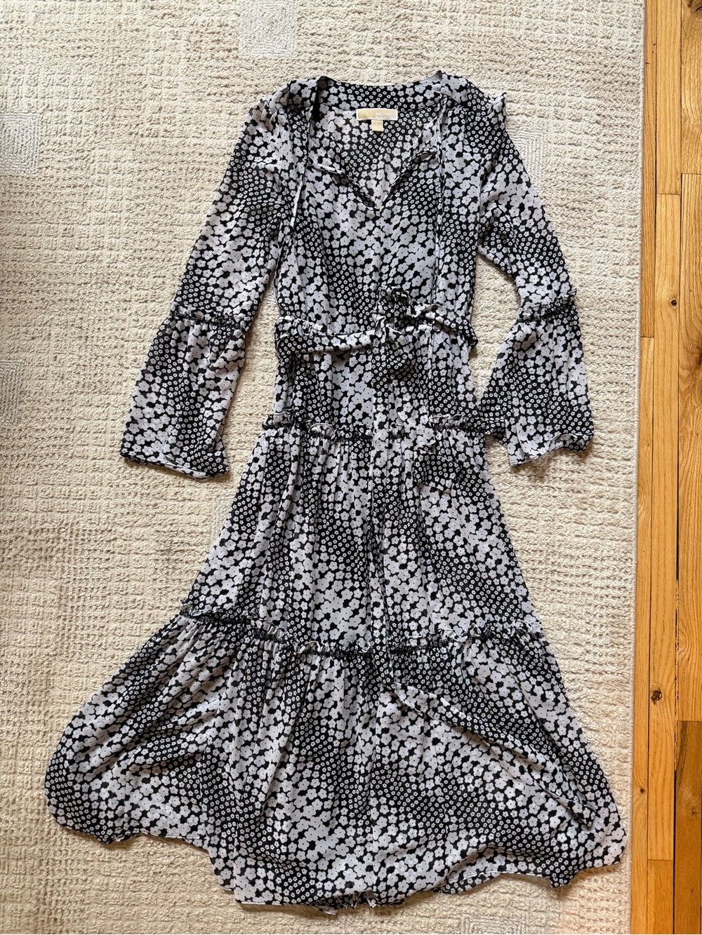 Michael by Michael Kors Black & White Floral Tiered Wrap Dress
